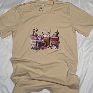 Bella Canvas Beige Graphic Tee with Pink & Brown Coffee Cups